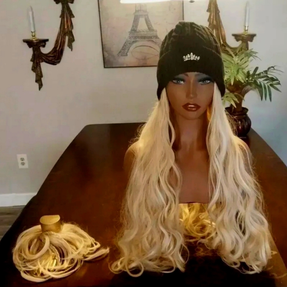 Long Beachy Platinum Blonde Hat Wig & Messy Bun Scrunchie 2 Pc Set